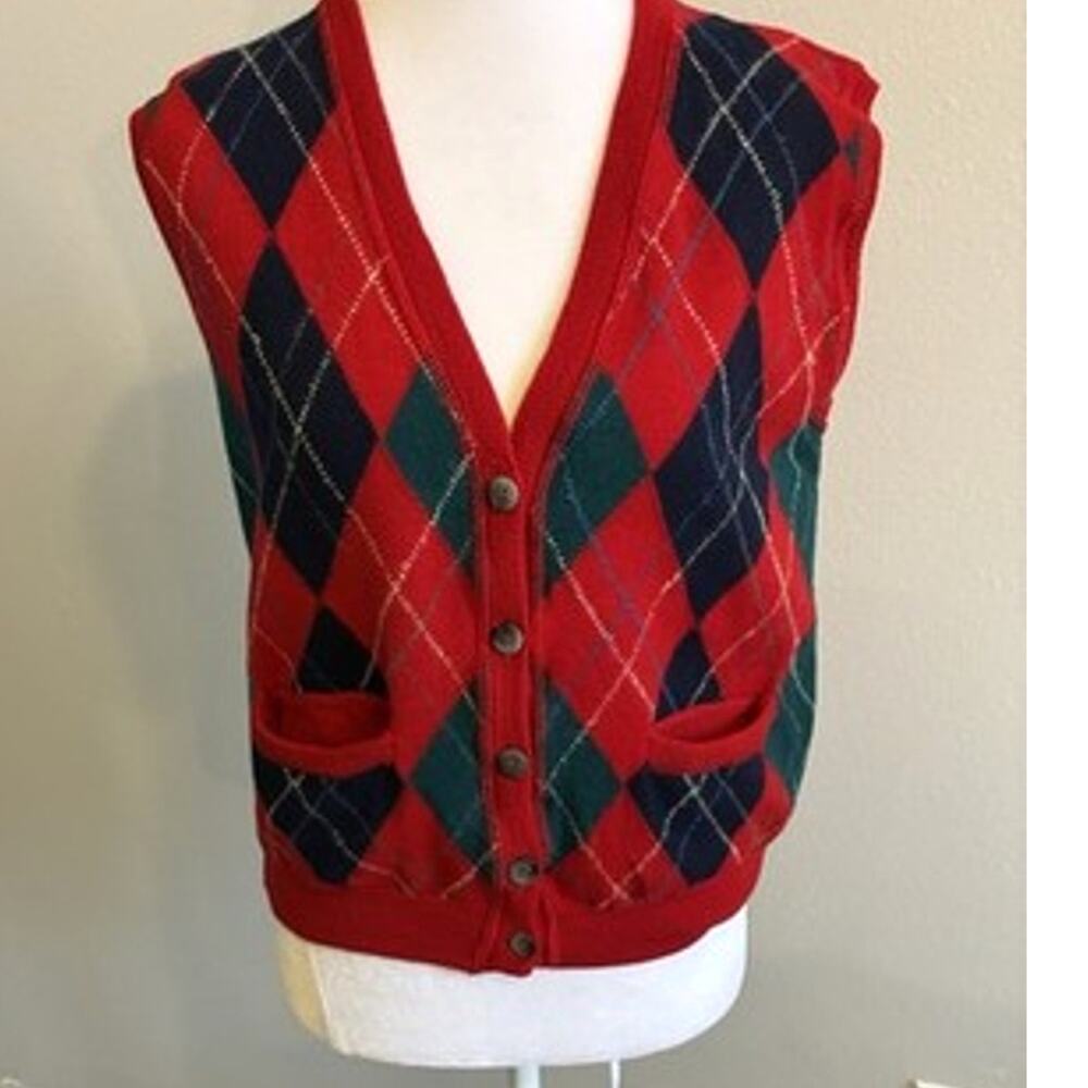 VTG 80s Italian Wool Argyle Sweater Vest Grandpa Pockets Button Down preppy M